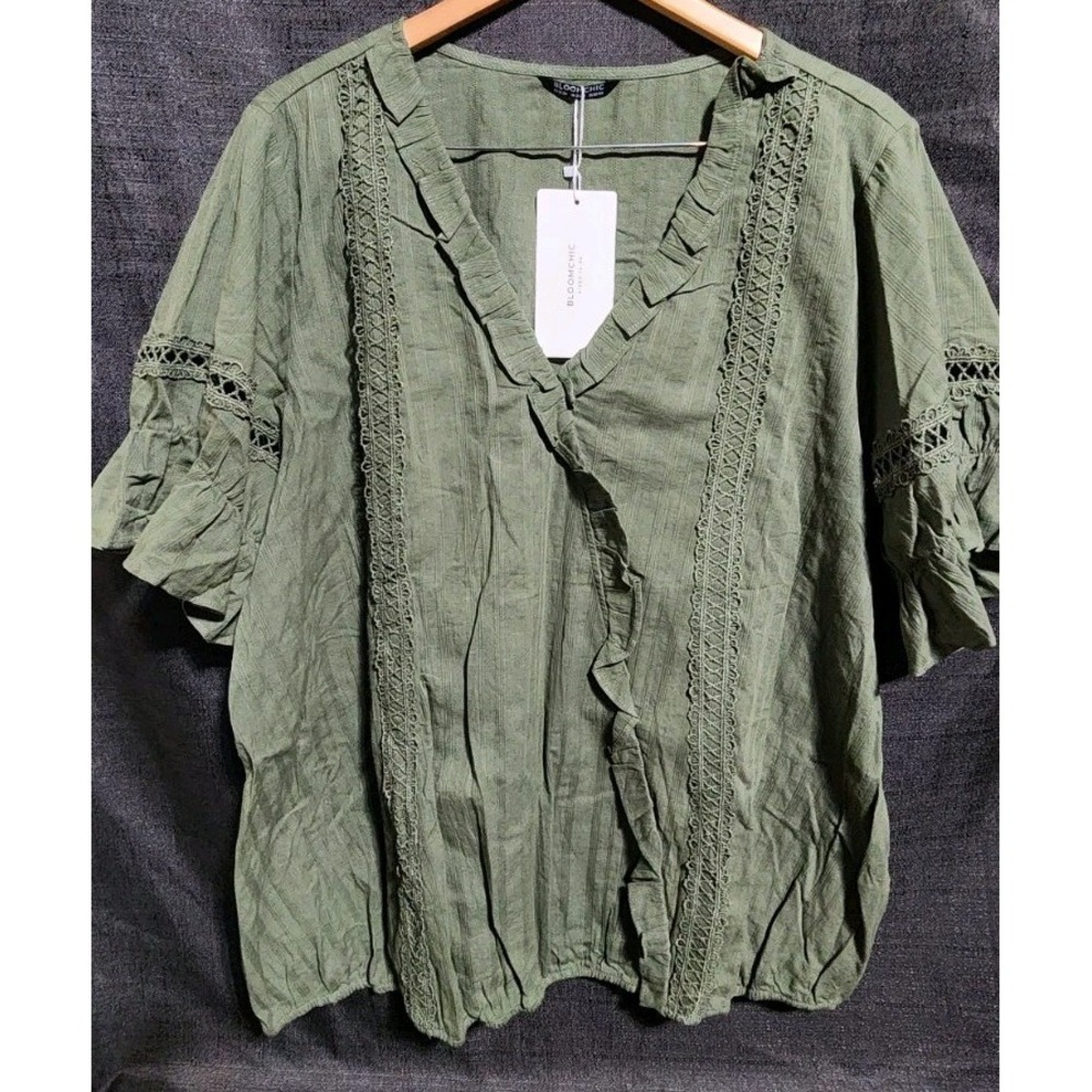 BloomChic Blouse Women 22/24 Embroidered Ruffle Olive‎ Green Shirt Flowy Detail